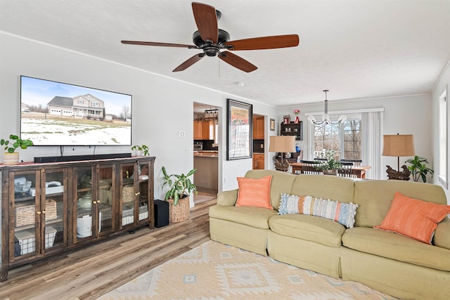 living area with wood finished floors and ceiling fan with notable chandelier