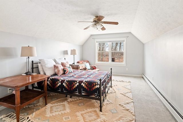 bedroom with baseboards, carpet floors, vaulted ceiling, a textured ceiling, and a baseboard heating unit