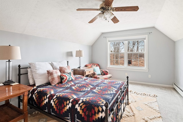 bedroom featuring carpet, baseboards, lofted ceiling, ceiling fan, and a textured ceiling