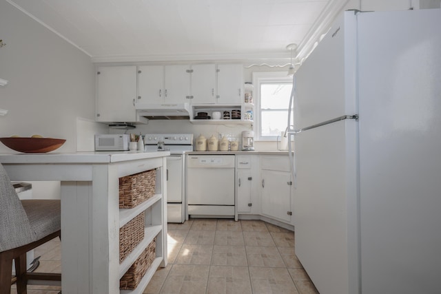 kitchen featuring white appliances, open shelves, light countertops, under cabinet range hood, and white cabinetry