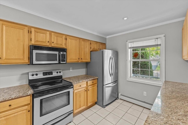 kitchen featuring stainless steel appliances, ornamental molding, light countertops, and a baseboard radiator