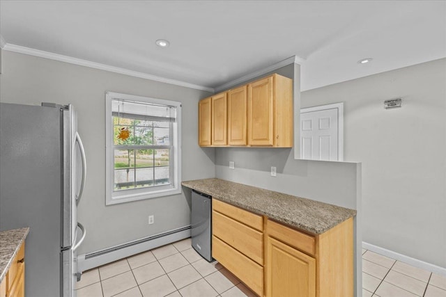 kitchen with built in study area, light tile patterned flooring, baseboard heating, and stainless steel appliances