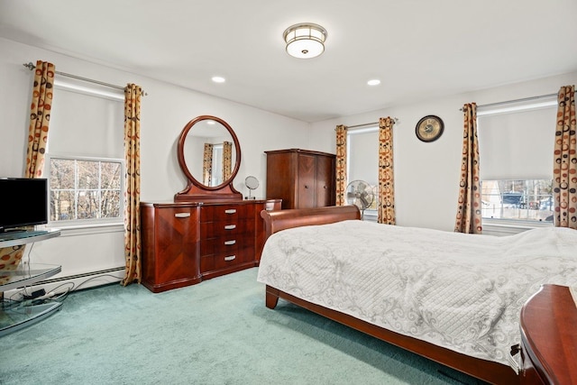 bedroom featuring recessed lighting, multiple windows, and carpet flooring