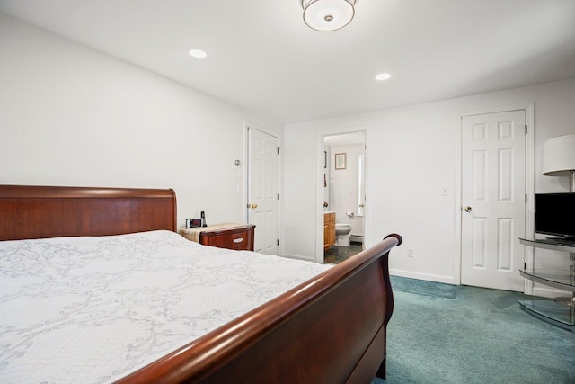 bedroom featuring recessed lighting, connected bathroom, baseboards, and dark colored carpet