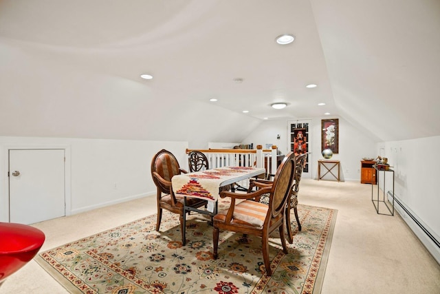 dining room featuring light carpet, baseboard heating, recessed lighting, and lofted ceiling