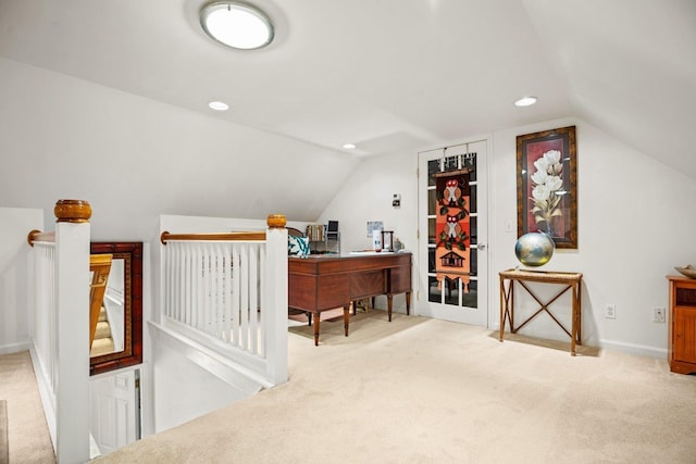 carpeted office with recessed lighting, baseboards, and lofted ceiling