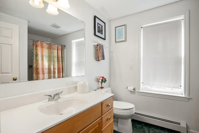 full bathroom featuring visible vents, toilet, a baseboard heating unit, curtained shower, and vanity