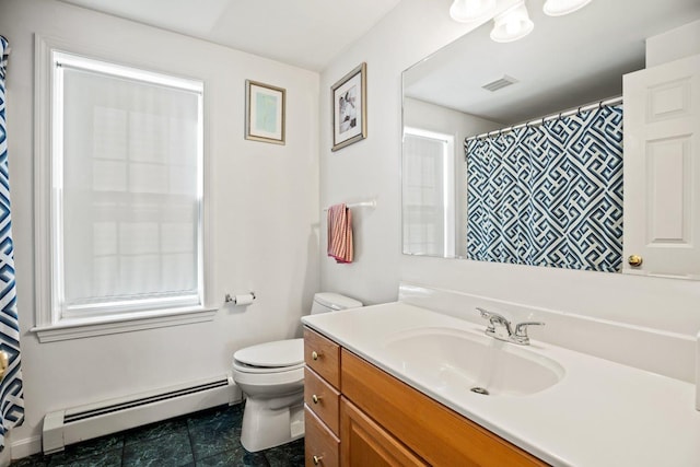 full bath with vanity, toilet, visible vents, and baseboard heating