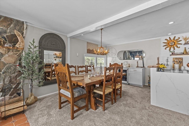 dining room with beverage cooler, a notable chandelier, recessed lighting, and ornamental molding