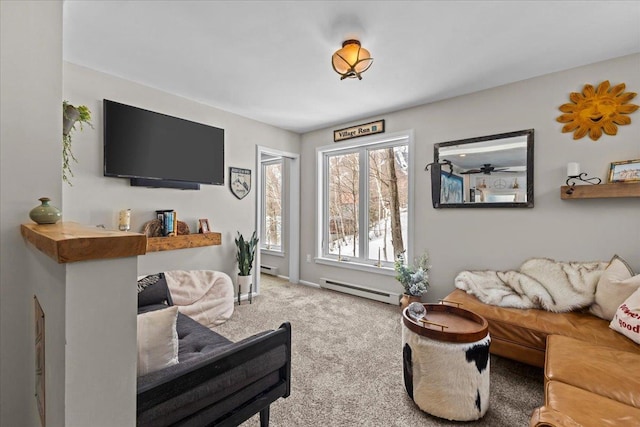 carpeted living area featuring a baseboard radiator