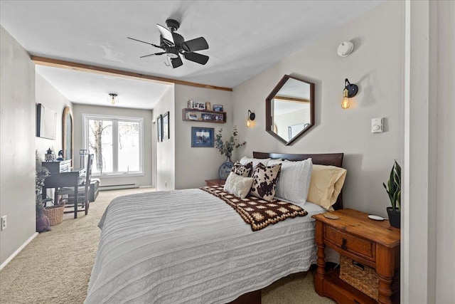 bedroom featuring carpet, a baseboard radiator, and ceiling fan