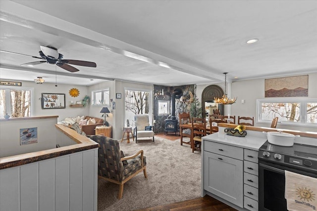 kitchen featuring ceiling fan with notable chandelier, electric range, a healthy amount of sunlight, and a wood stove