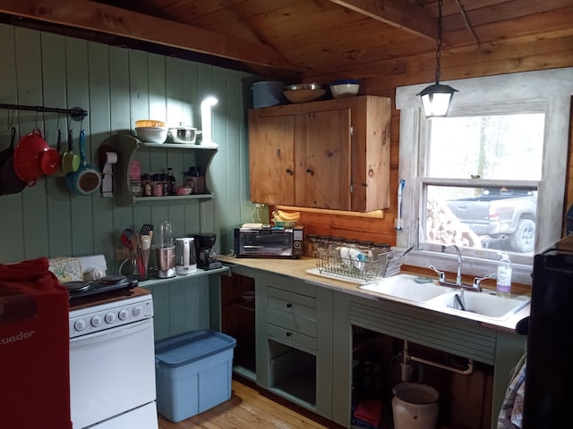 kitchen featuring light countertops, lofted ceiling, light wood-style flooring, wooden ceiling, and a sink