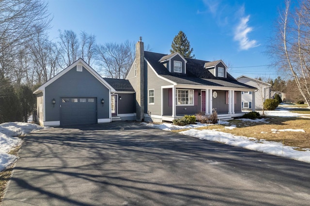 cape cod house with aphalt driveway, a porch, a chimney, and a garage