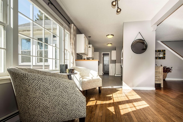 living area with a baseboard heating unit, baseboards, and dark wood-style flooring