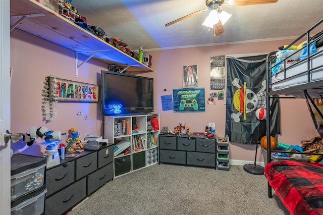 carpeted bedroom featuring a textured ceiling, crown molding, and ceiling fan