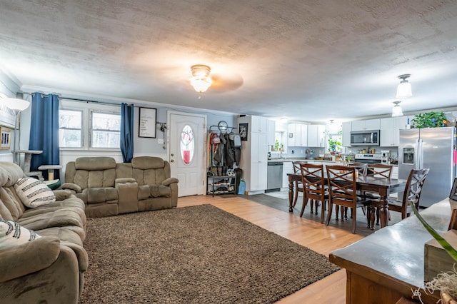 living room with light wood-style floors and a textured ceiling