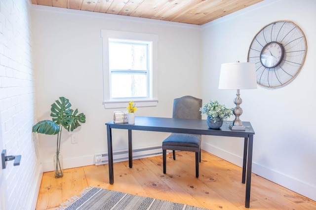 office area with baseboards, brick wall, hardwood / wood-style flooring, wooden ceiling, and baseboard heating