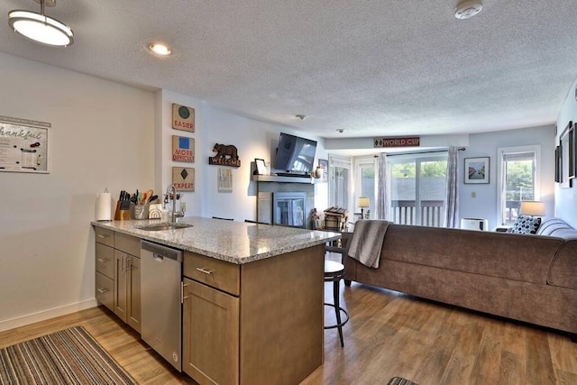 kitchen featuring a sink, open floor plan, a peninsula, a glass covered fireplace, and stainless steel dishwasher