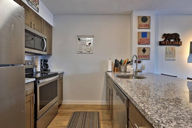 kitchen featuring light stone countertops, baseboards, light wood-style flooring, a sink, and appliances with stainless steel finishes