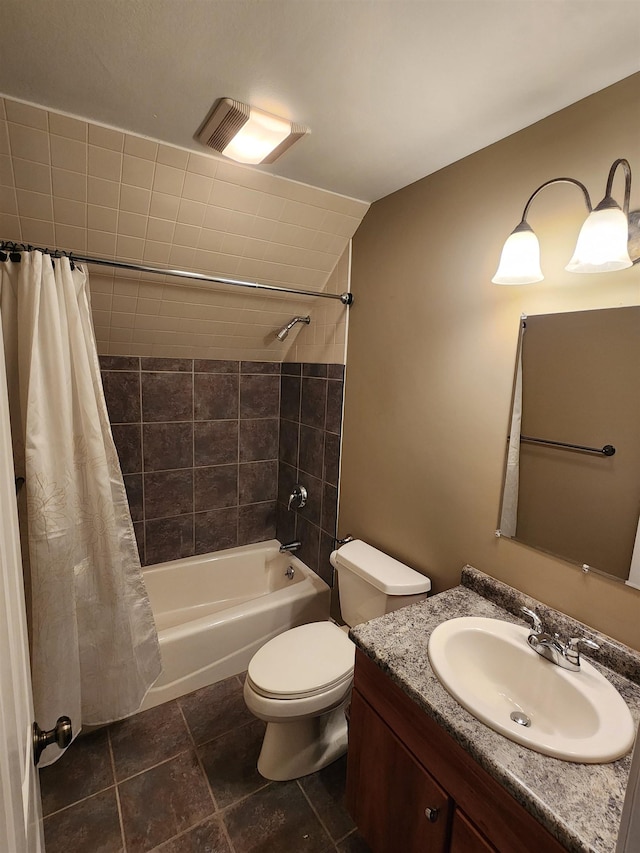 full bath with vanity, shower / bath combination with curtain, and toilet