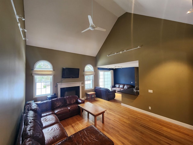 living area featuring light wood finished floors, plenty of natural light, a fireplace, and ceiling fan