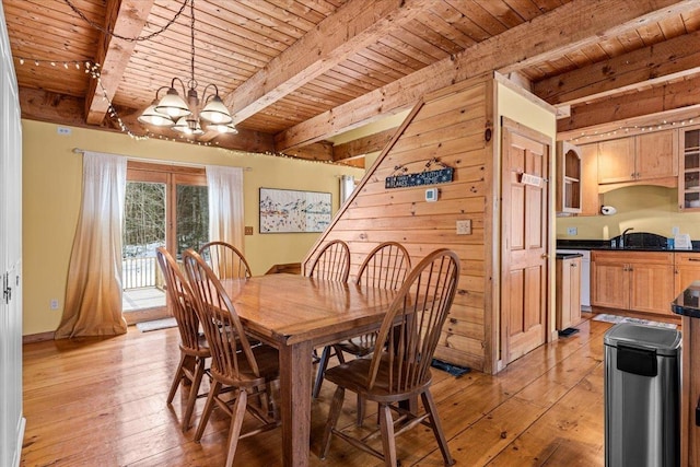 dining space with wood ceiling, light wood-style floors, and a chandelier