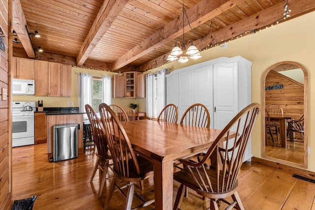 dining space with visible vents, beamed ceiling, wood ceiling, and light wood-type flooring