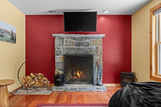 room details with a stone fireplace, a wood stove, baseboards, and wood finished floors