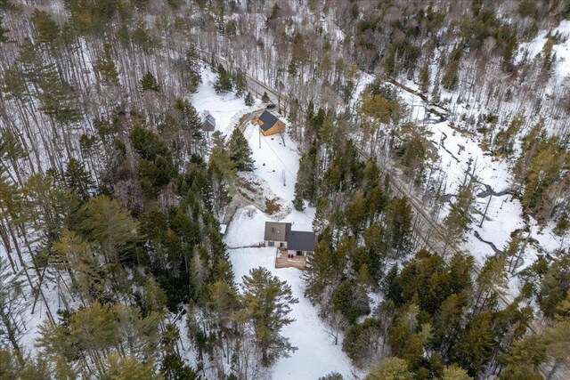 snowy aerial view with a view of trees