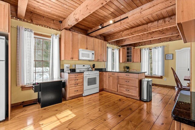 kitchen featuring white appliances, wood ceiling, light wood finished floors, and a healthy amount of sunlight