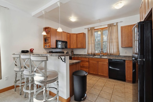 kitchen featuring a peninsula, open shelves, a sink, black appliances, and a kitchen bar