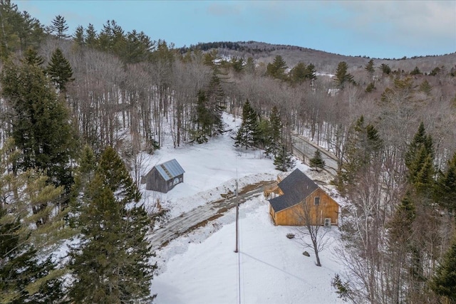 snowy aerial view featuring a view of trees