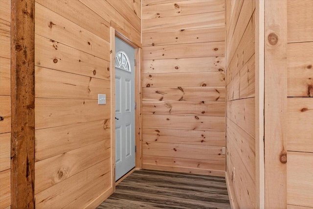 doorway to outside with dark wood finished floors and wooden walls