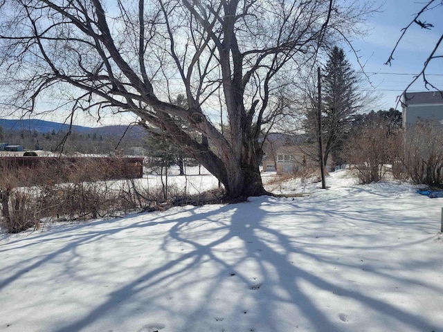 yard layered in snow featuring a mountain view