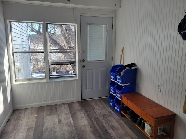 mudroom with wood finished floors, baseboards, and a wealth of natural light