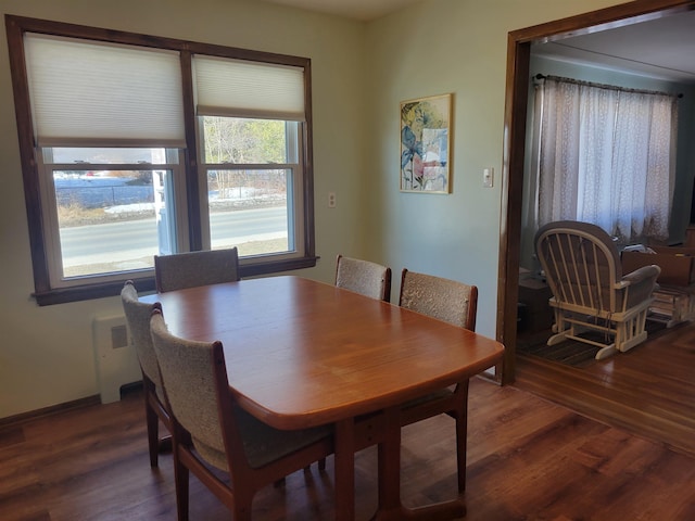 dining space featuring radiator heating unit and wood finished floors