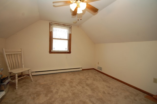 additional living space featuring baseboards, visible vents, ceiling fan, light carpet, and baseboard heating