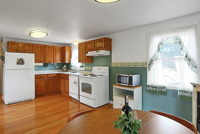 kitchen with under cabinet range hood, light wood-style flooring, brown cabinets, white appliances, and a sink