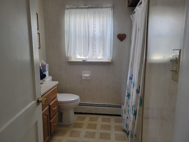 full bathroom with toilet, a shower with curtain, tile patterned floors, vanity, and a baseboard radiator