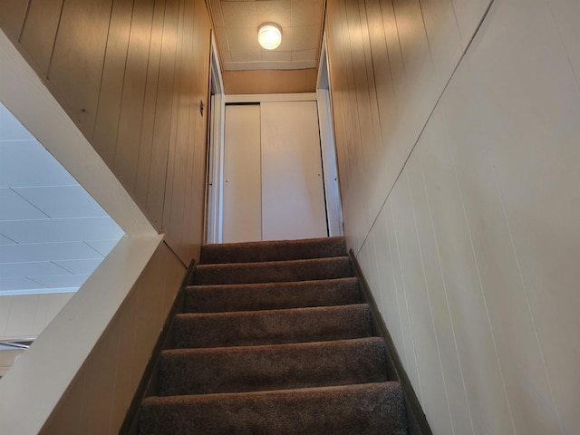 stairway with wood walls