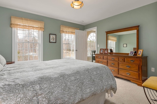 bedroom featuring multiple windows and light carpet