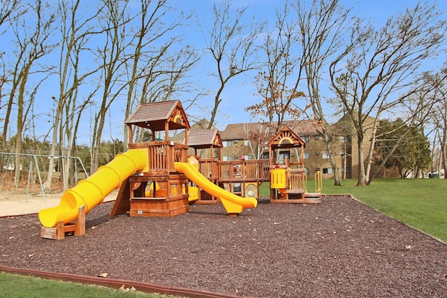 view of play area featuring a lawn