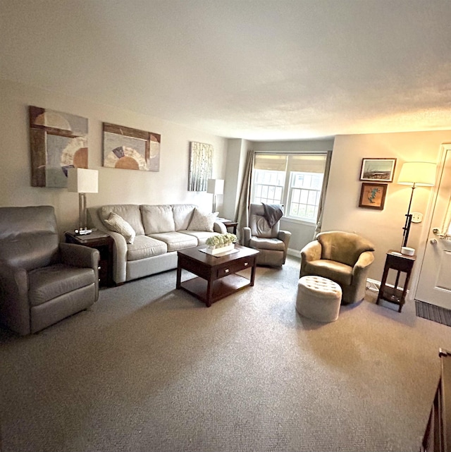 carpeted living room featuring baseboards