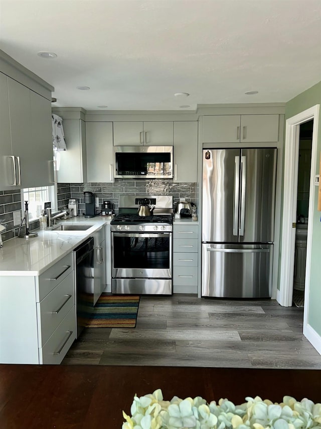 kitchen featuring gray cabinetry, a sink, dark wood-style floors, appliances with stainless steel finishes, and decorative backsplash