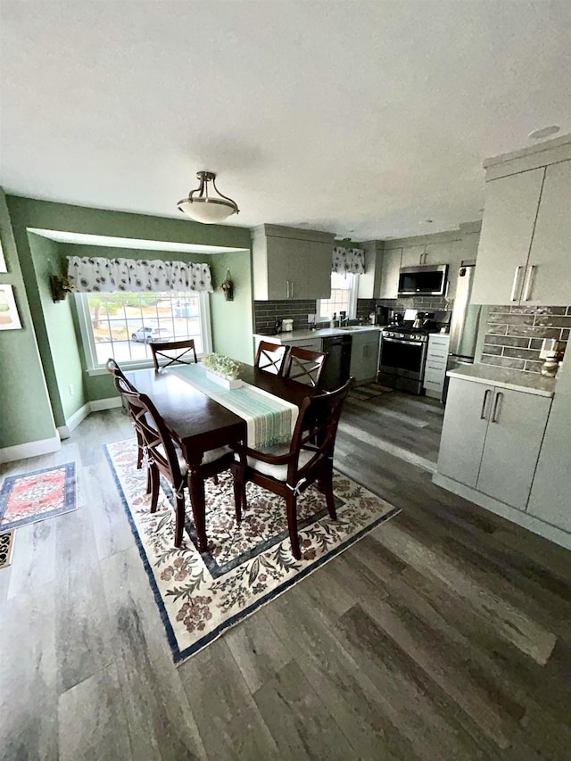 dining space featuring baseboards, plenty of natural light, and dark wood-style flooring