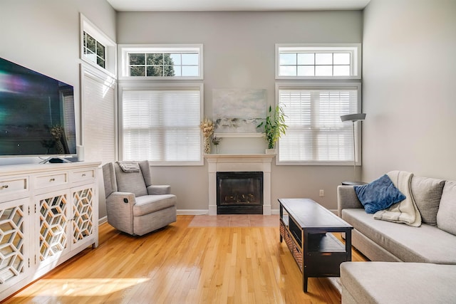 living area featuring plenty of natural light, light wood-style flooring, baseboards, and a glass covered fireplace