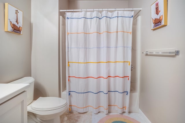 full bathroom with tile patterned flooring, vanity, toilet, and shower / bathtub combination with curtain