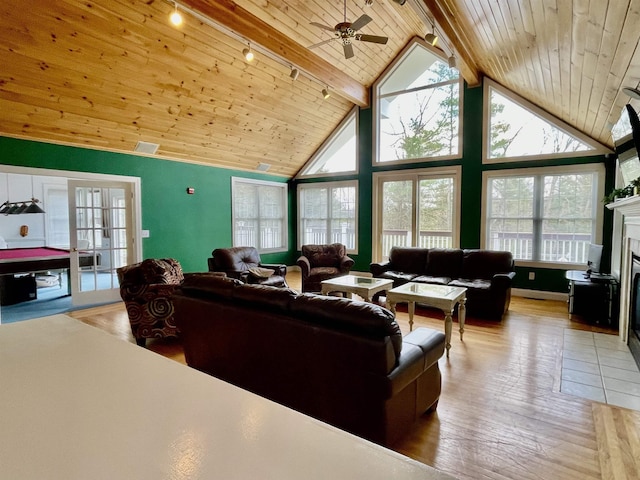 living room featuring high vaulted ceiling, beam ceiling, ceiling fan, track lighting, and wood ceiling