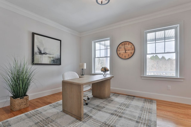 office space with baseboards, wood finished floors, and ornamental molding